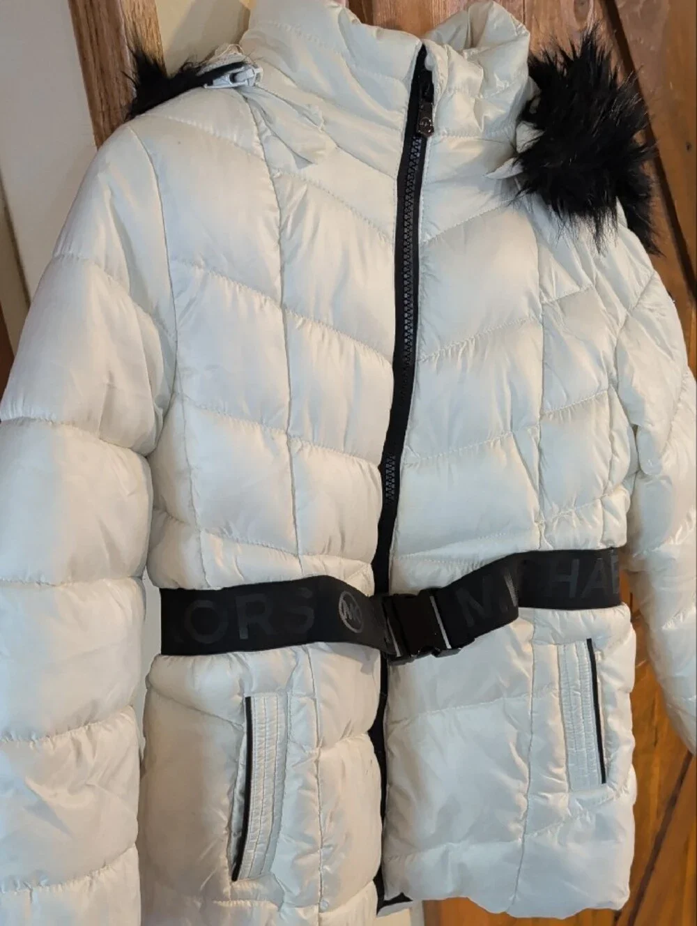 Michael Kors White Puffer Jacket with Black Fur Trim